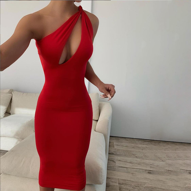 Summer New Women'S Fashion Oblique Shoulder Sexy Hollow Slim Mid-Length Dress Women - Image 4