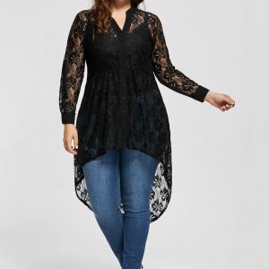 Long sleeve high low lace tunic shirts
