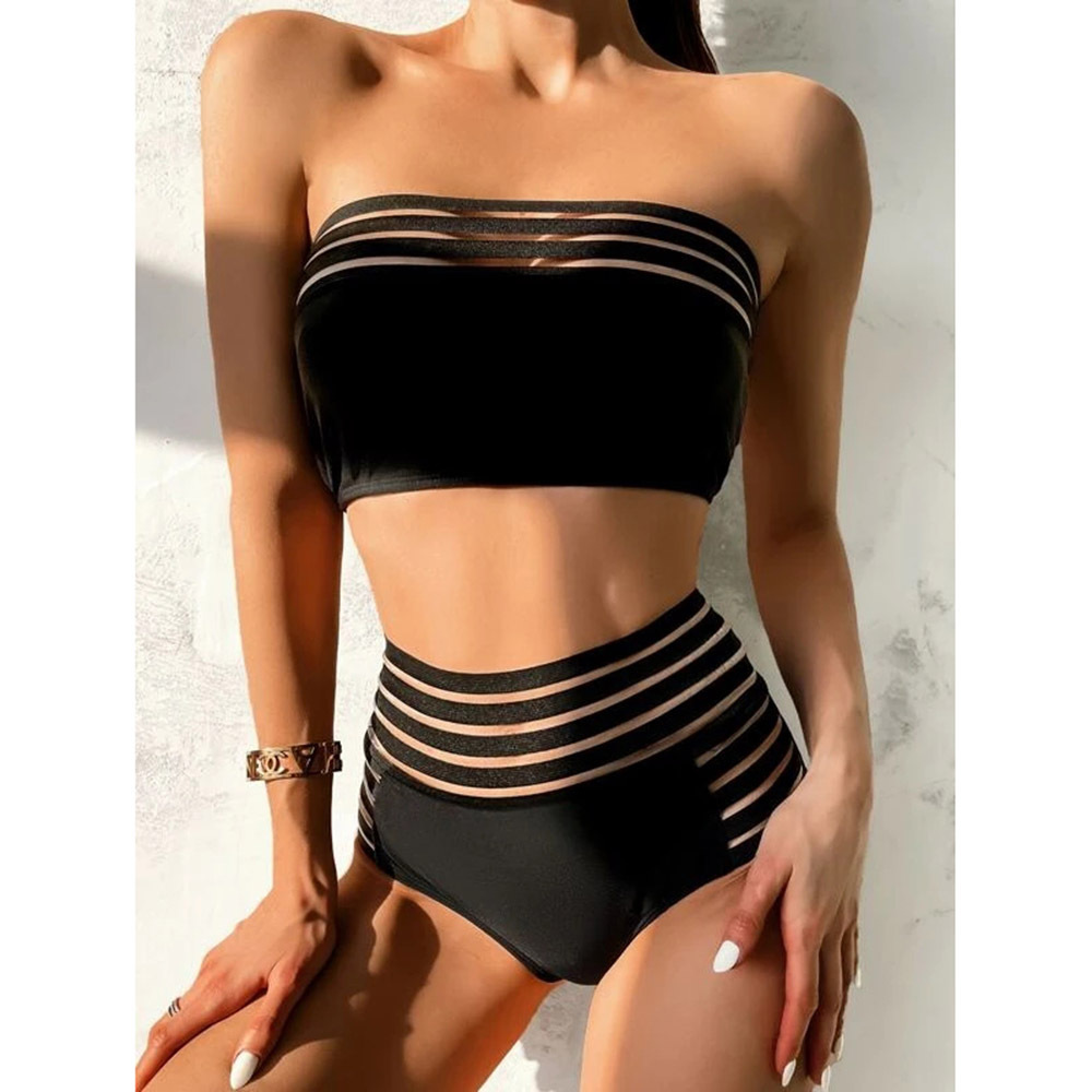 Split Tube Top Mesh Solid Color Swimsuit - Image 4