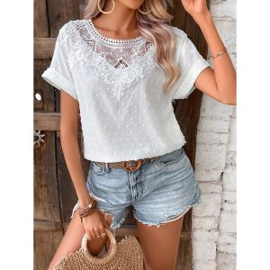 Womens Summer Tops Trendy Lace Floral Crew Neck Short Sleeve T Shirts Dressy Casual Blouses