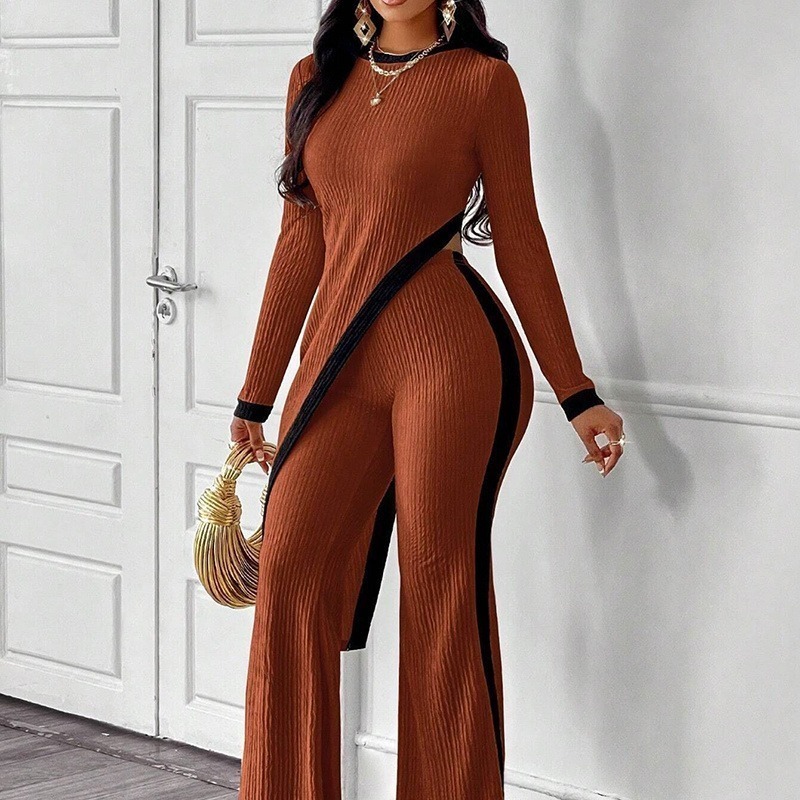 Women's 2 Piece Outfit Sexy Asymmetrical Hem Long Sleeve Top And Wide Leg Pants Sets Elegant Vacation Going Out Suit - Image 5