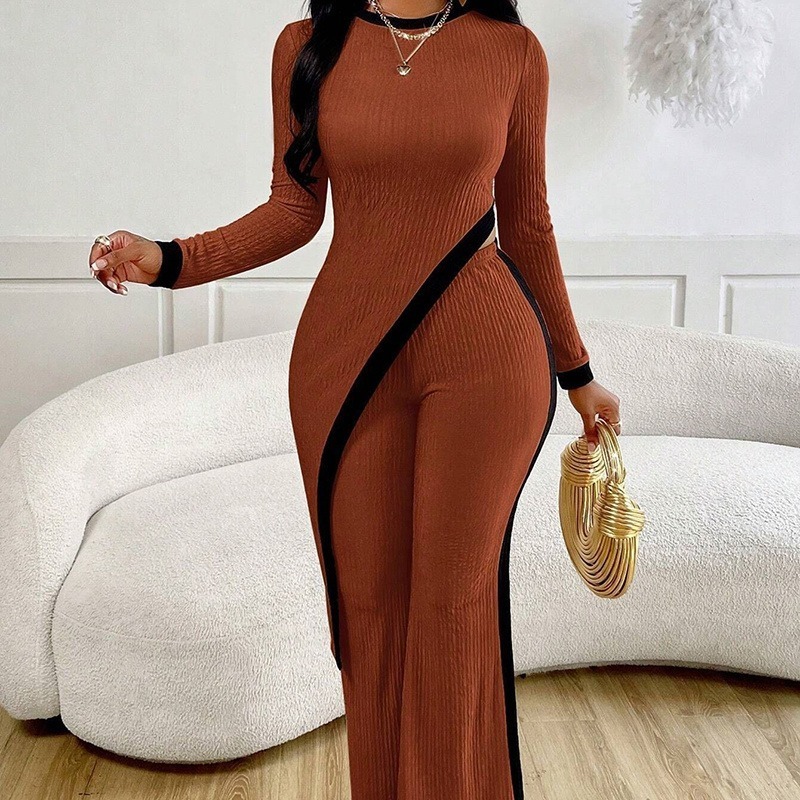 Women's 2 Piece Outfit Sexy Asymmetrical Hem Long Sleeve Top And Wide Leg Pants Sets Elegant Vacation Going Out Suit - Image 4