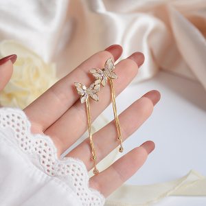 Butterfly Cat Eye Zircon Exquisite Long Temperament Tassel Earrings