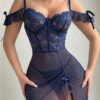 Navy Blue Sexy Lingerie Set Long Dress Split - Image 6