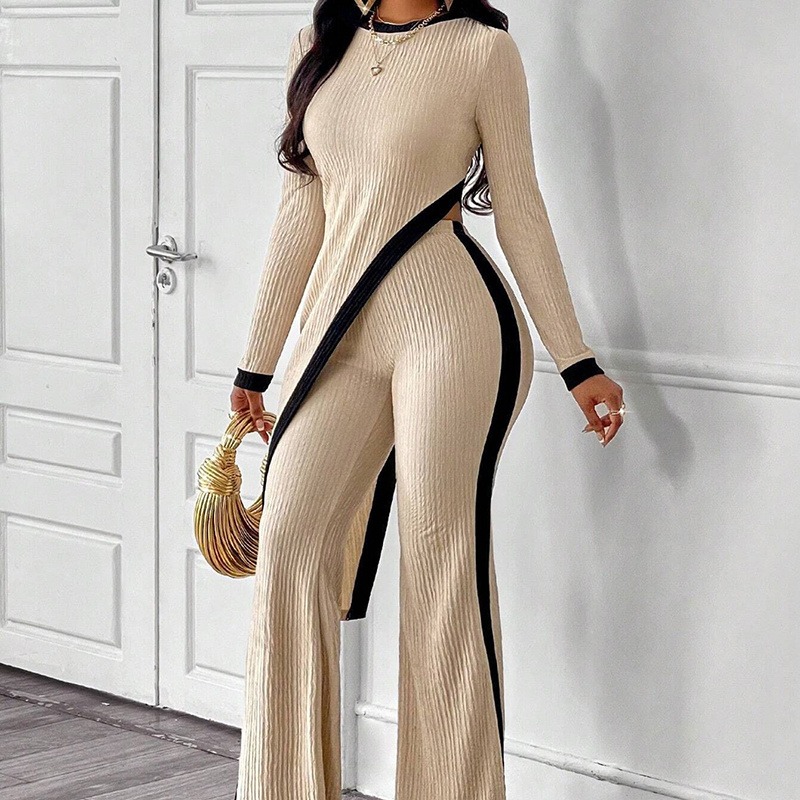 Women's 2 Piece Outfit Sexy Asymmetrical Hem Long Sleeve Top And Wide Leg Pants Sets Elegant Vacation Going Out Suit - Image 10