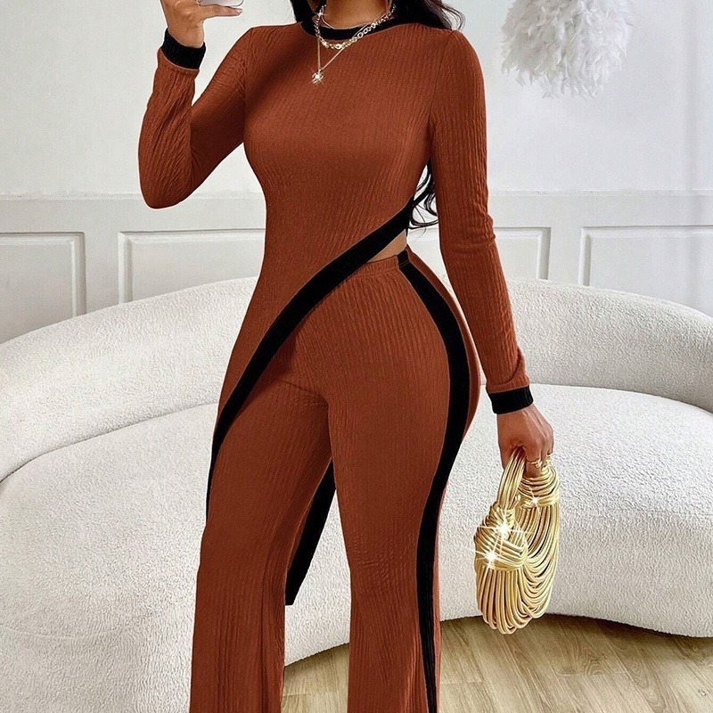 Women's 2 Piece Outfit Sexy Asymmetrical Hem Long Sleeve Top And Wide Leg Pants Sets Elegant Vacation Going Out Suit - Image 3