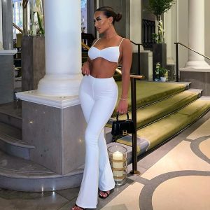 Women's Strap Tube Top Solid Color High Waist Pull Up Pants Set