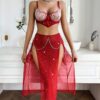 Embroidered Bra Split Red Three-piece Suit - Image 4