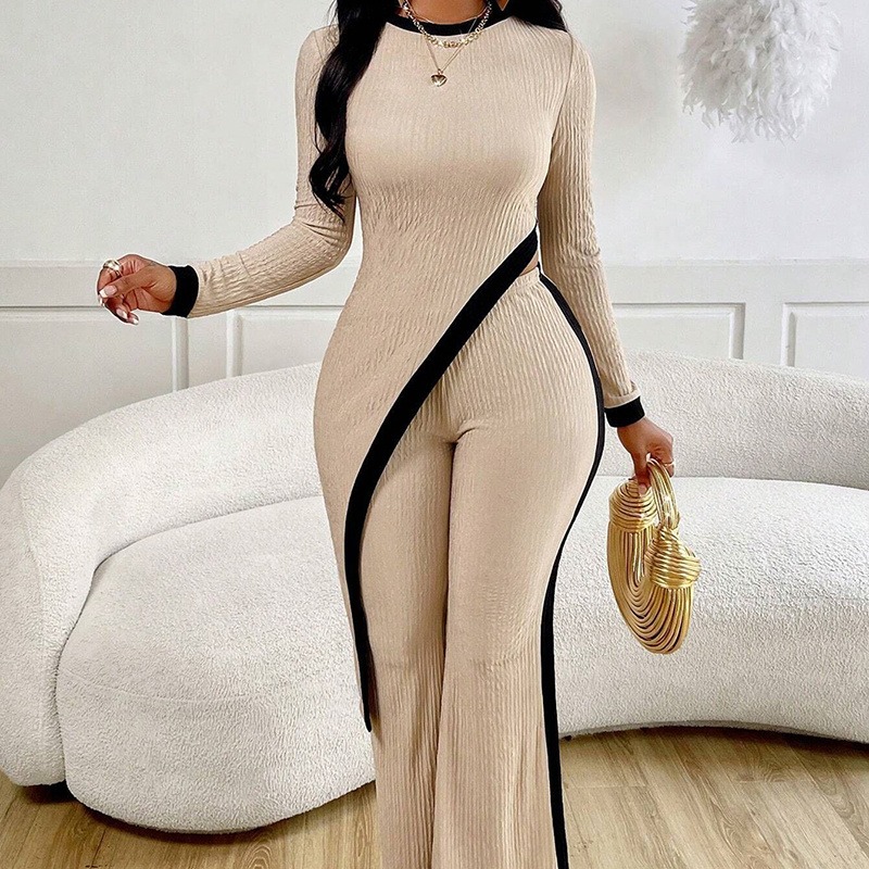 Women's 2 Piece Outfit Sexy Asymmetrical Hem Long Sleeve Top And Wide Leg Pants Sets Elegant Vacation Going Out Suit - Image 6