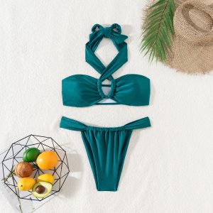 New Pure Color Tube-top Lace-up Sexy Bikini Split Swimsuit