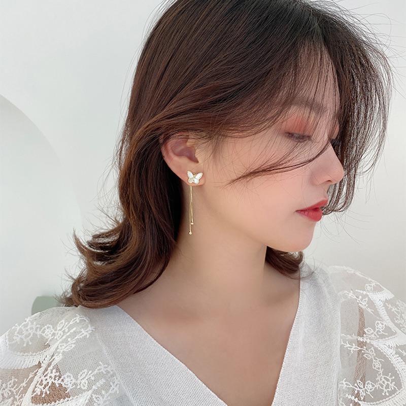 Super Fairy White Mother Butterfly Earrings Long Temperament Earrings - Image 3