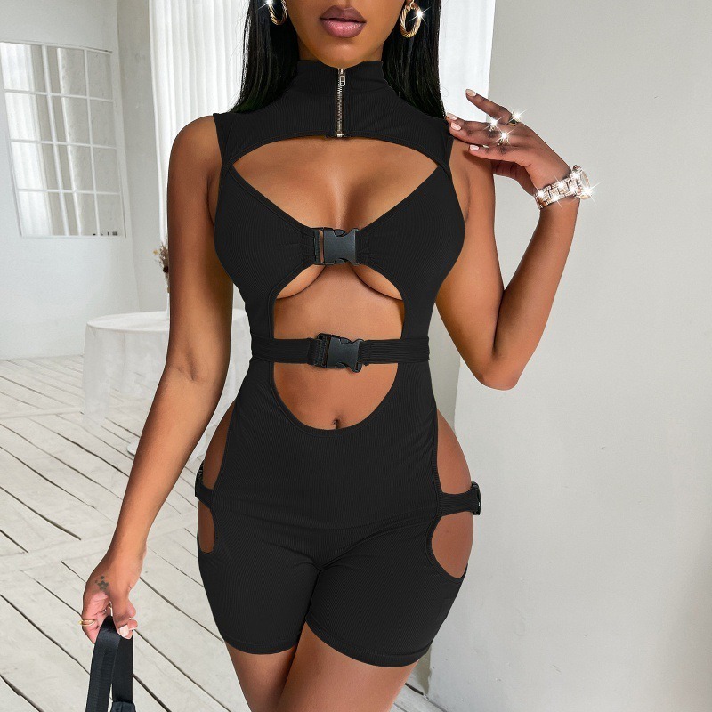 Women's Body Button Cut Motorcycle One-piece Shirt Zipper Sleeveless - Image 2