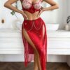 Embroidered Bra Split Red Three-piece Suit - Image 6