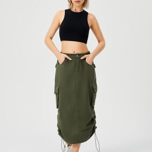 Women's Cargo Long Skirt Casual Streetwear Loose High Waist Front Split Maxi Skirt With Pocket Women's Cargo Long Skirts High Waisted Pencil Skirt Midi Length Jean Skirt With Cargo Pockets