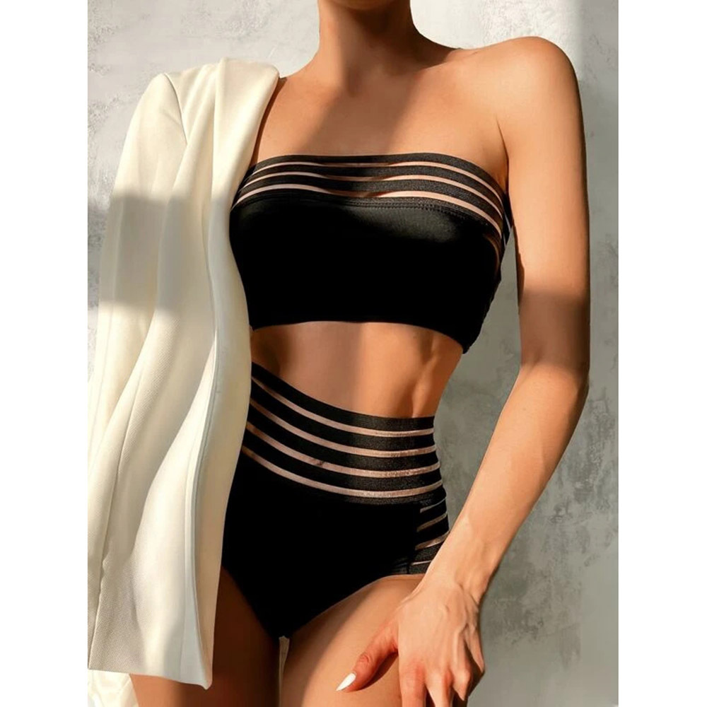 Split Tube Top Mesh Solid Color Swimsuit - Image 7
