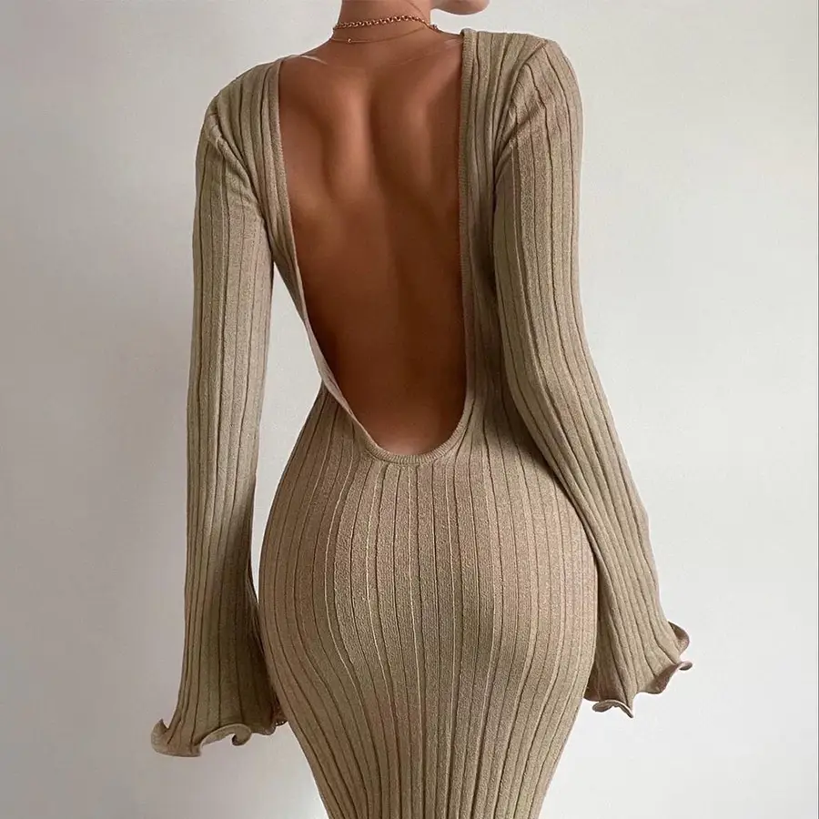 Fashion Slim Long-sleeved Ruffled Long Dress Sexy Hip-wrapped Back-less Knitted Maxi Dresses For Party Beach Womens Clothing - Image 7