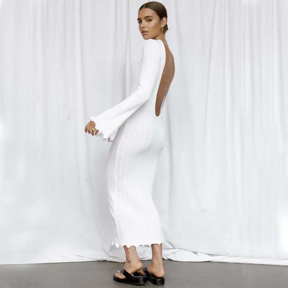 Fashion Slim Long-sleeved Ruffled Long Dress Sexy Hip-wrapped Back-less Knitted Maxi Dresses For Party Beach Womens Clothing - Image 5