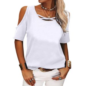 Womens Summer Trendy Shirts V Neck Cold Shoulder Tops Solid Color Casual Loose Sexy Blouse