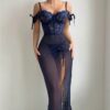 Navy Blue Sexy Lingerie Set Long Dress Split - Image 5