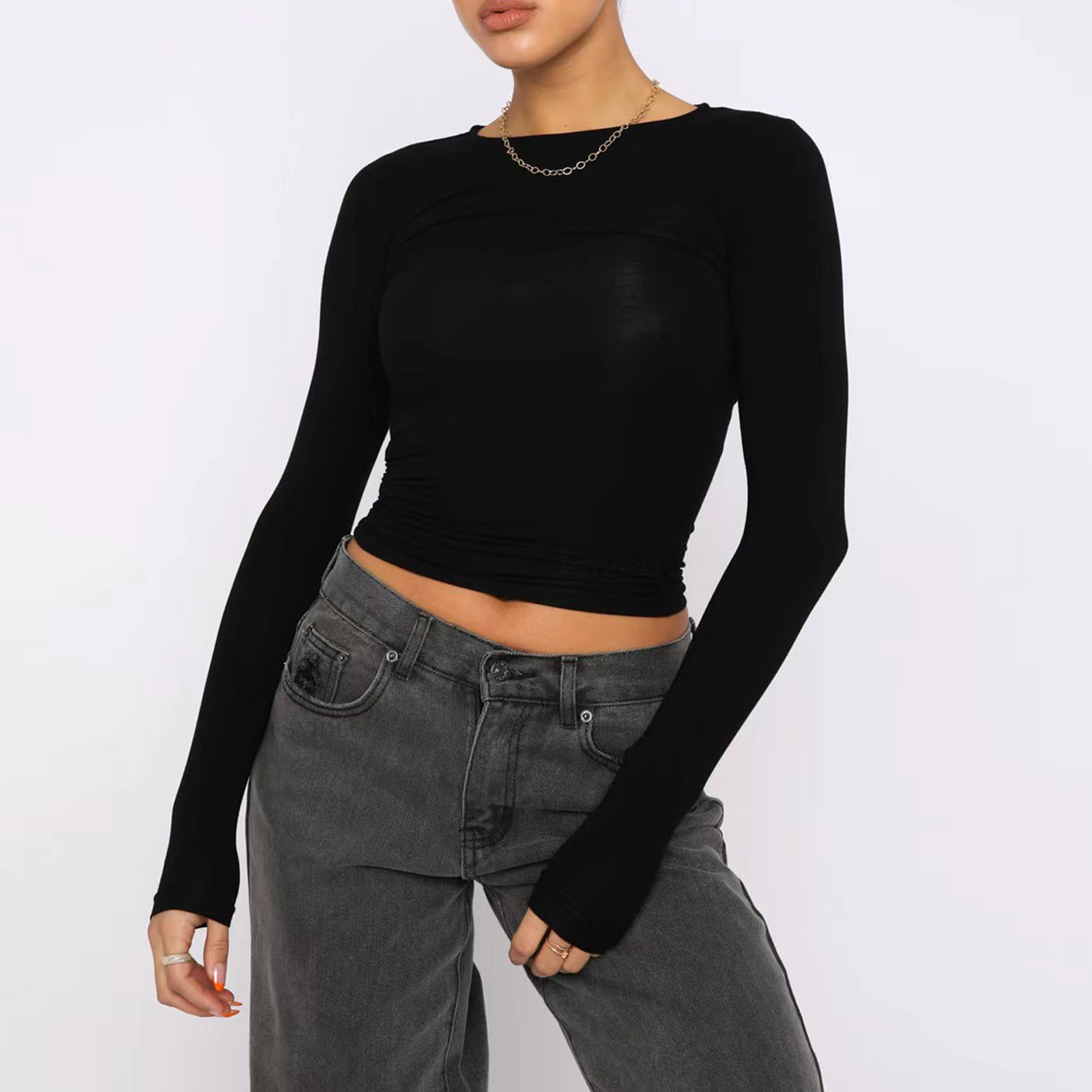 Women's Clothing Fashion Slim Long-sleeved Pullovers Tops Solid Causal Fit Shirts - Image 3