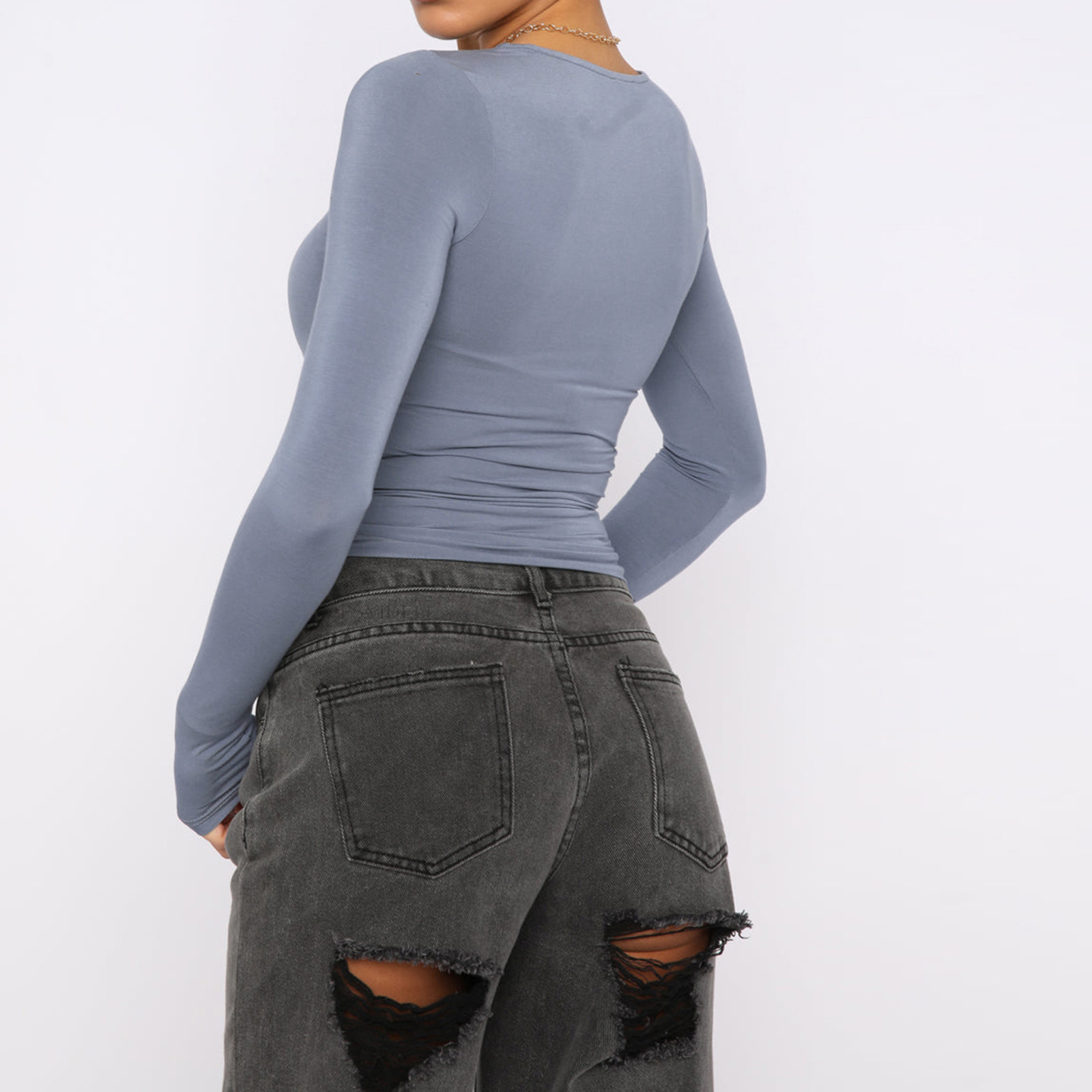 Women's Clothing Fashion Slim Long-sleeved Pullovers Tops Solid Causal Fit Shirts - Image 9