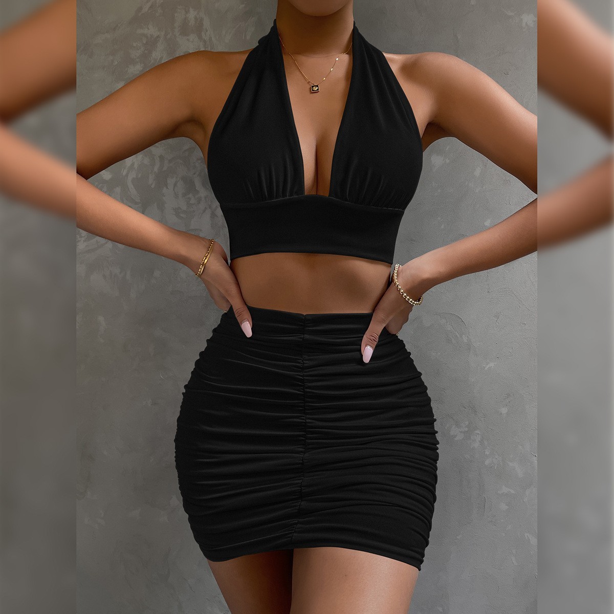 2pcs Dress Suits For Women Halter Lace-up Hip Top And Pleated Hip-covering Skirt - Image 5